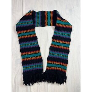 Vintage Notice Fair Isle Knit Scarf Black Multi Color Geometric Fringe Acrylic